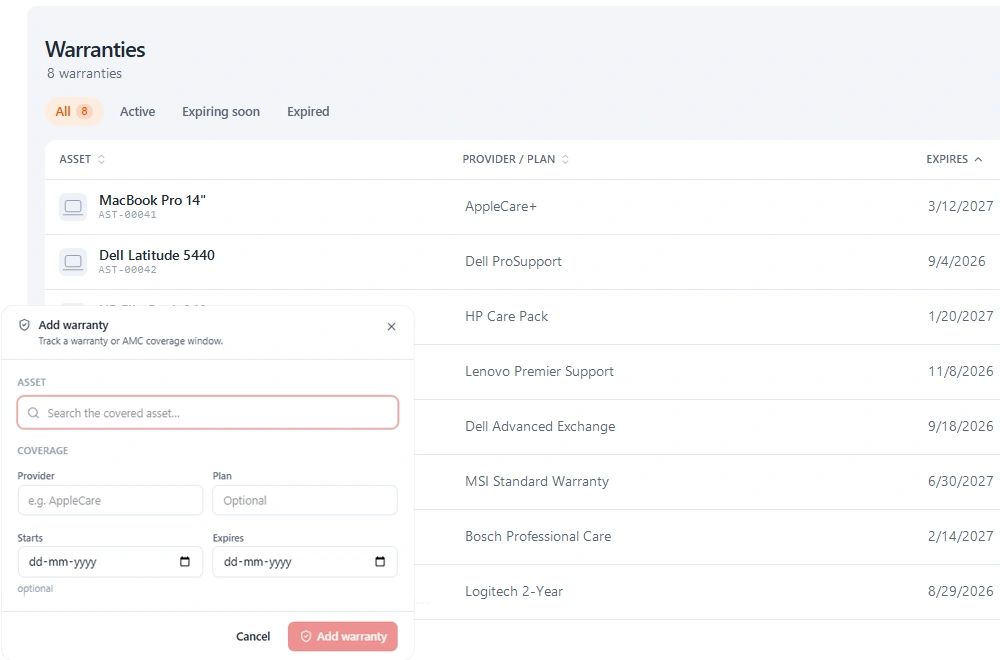 Stackroom service and cover — warranty, AMC and CMC contracts with renewal dates and providers